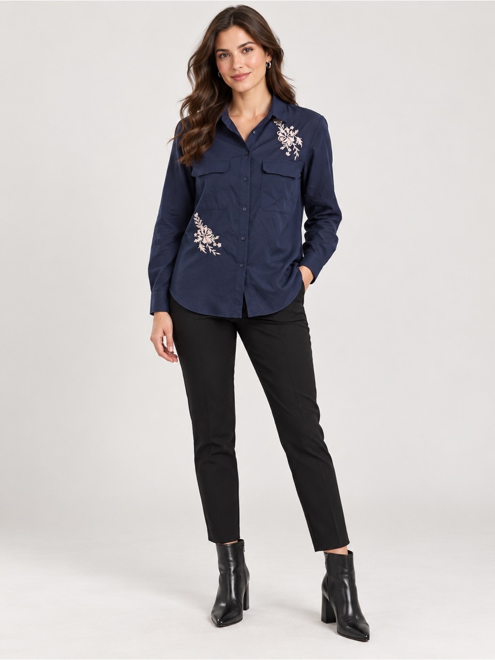 Express The City Shirt Navy Blue small Petite Embroidered Button Up Blouse